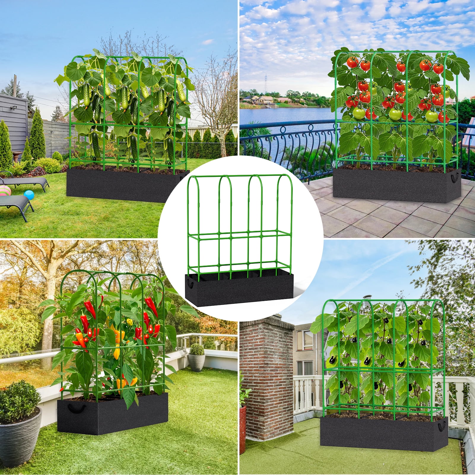Budiwati Cucumber Trellis, Garden Tomato Cage, Adjustable Garden Trellis with 46 Gallon Grow Bags