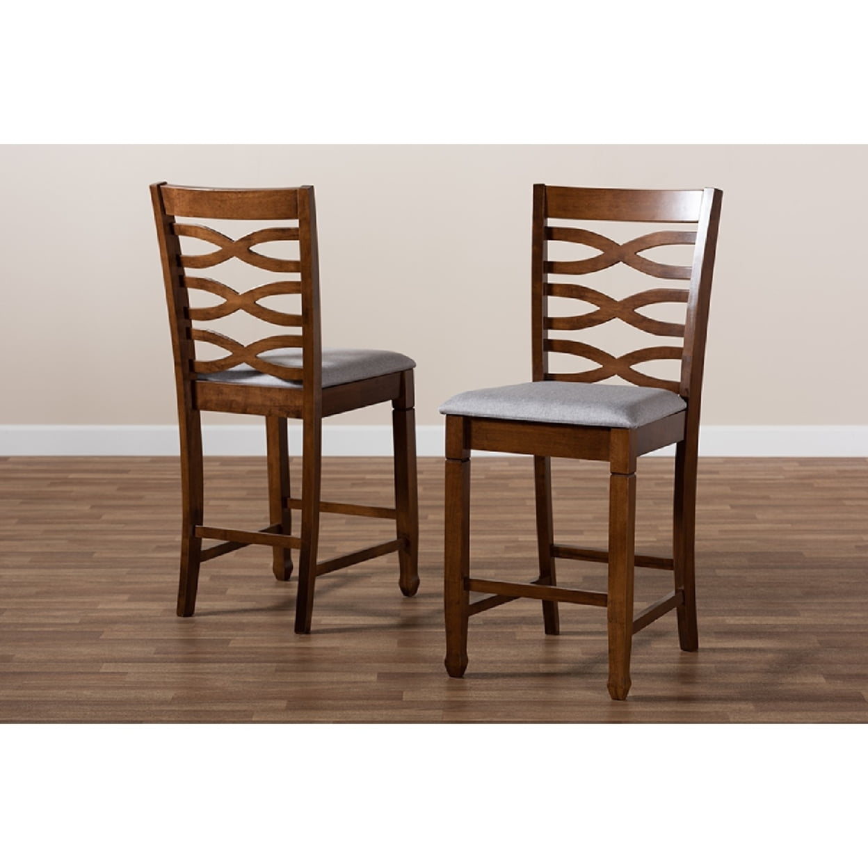 Baxton Studio Lanier Modern and Contemporary Grey Fabric Upholstered Walnut Brown Finished 2-Piece Wood Counter Height