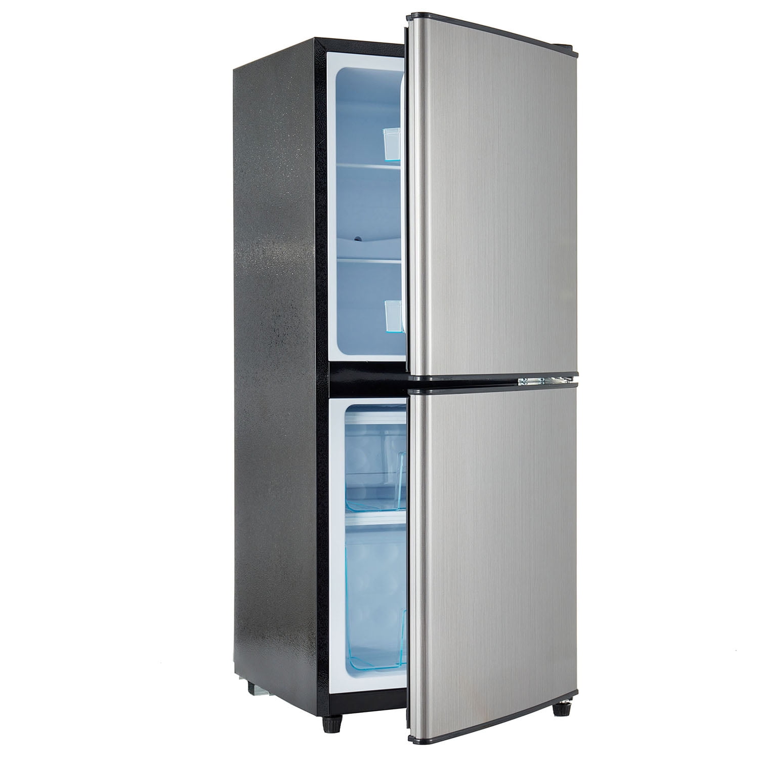 Kadyn 3.6Cu.Ft Dual Zone Refrigerator, 2.2+1.4Cu.Ft 4 Star Freezer, 7 Temperature Settings, 45 dB, Brushed Gray Silver, LED Lighting, Adjustable Shelves, 166kWh/Year, Black