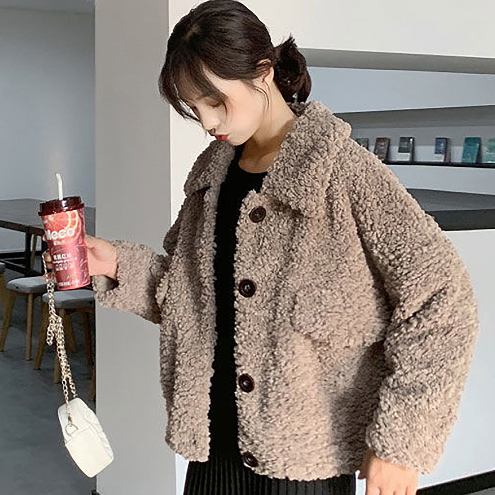 XZNGL Femmes Tops Manches Courtes Femmes Hiver Mode Lmitation Agneau Laine Courte en Vrac Peluche Tops Manteau Femmes Manches Courtes Tops Femmes Hiver Manteau Manteau pour Femmes Manteau de Laine pou...