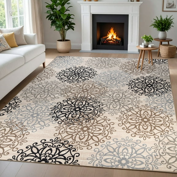 Superior Leigh 5'x7' Contemporary Floral Medallion Area Rug for Living Room Bedroom Office Indoor, Stain Resistant Washable Non Slip Rug, Multicolor