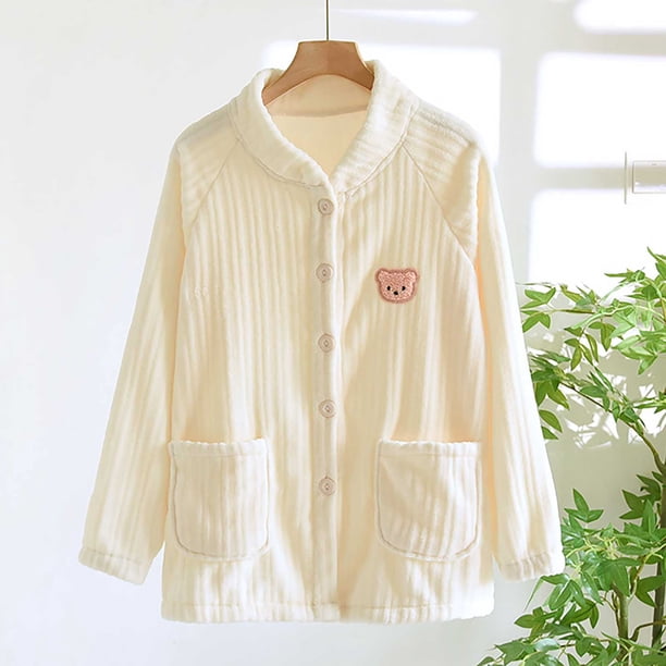 Pijama de manga corta para mujer, de color liso, de franela gruesa, cálido e informal, para el hogar, de manga larga, de poliéster.