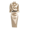 thumbnail image 6 of PBFRDSJ Women's Satin Cowl Neck Midi Dress 3/4 Sleeve Dreesy Formal Office Business Dress for Wedding Cocktail Prom Party, 6 of 7