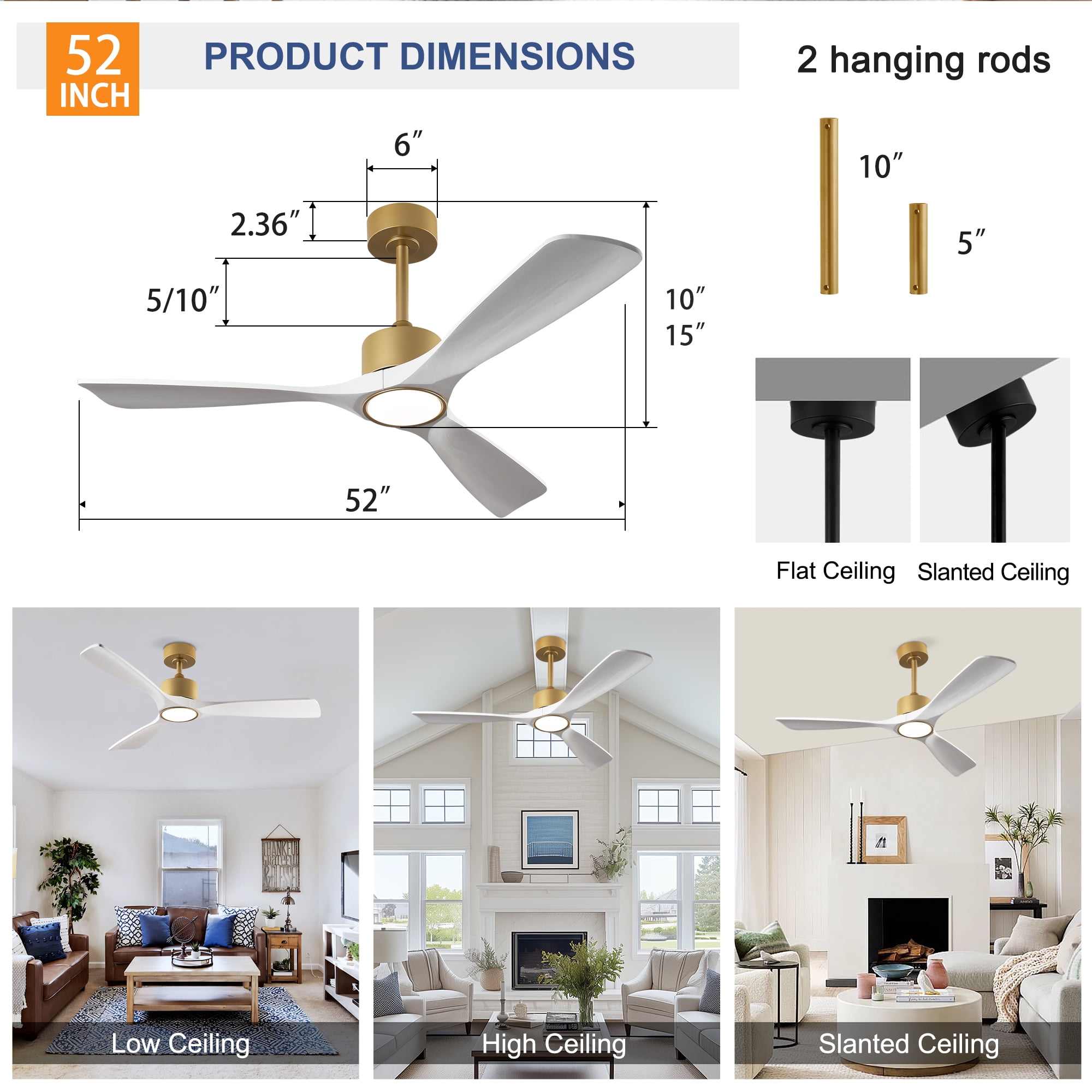 Ceiling Fan with Light, 52 Inch Solid Wood Blade Fan for Living Room Bedroom Home Decor, Gold White Walnut