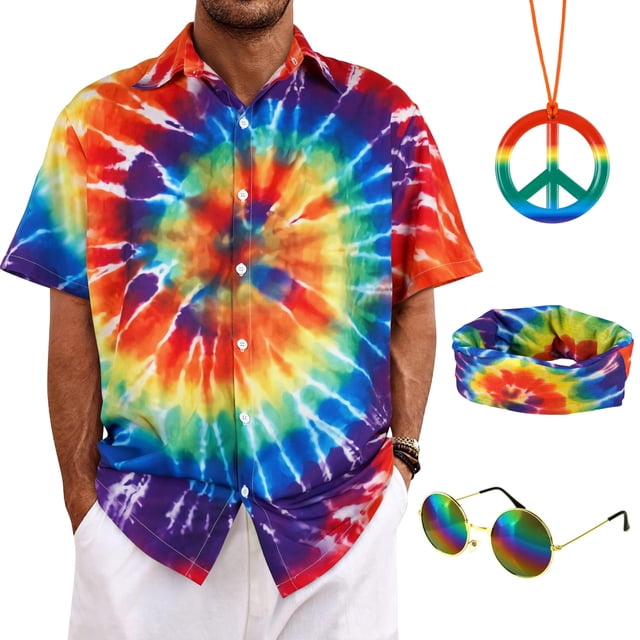 Conjunto de Disfraz Bombline Hippie años 70, 80 y 90 para Hombre, 4 Piezas