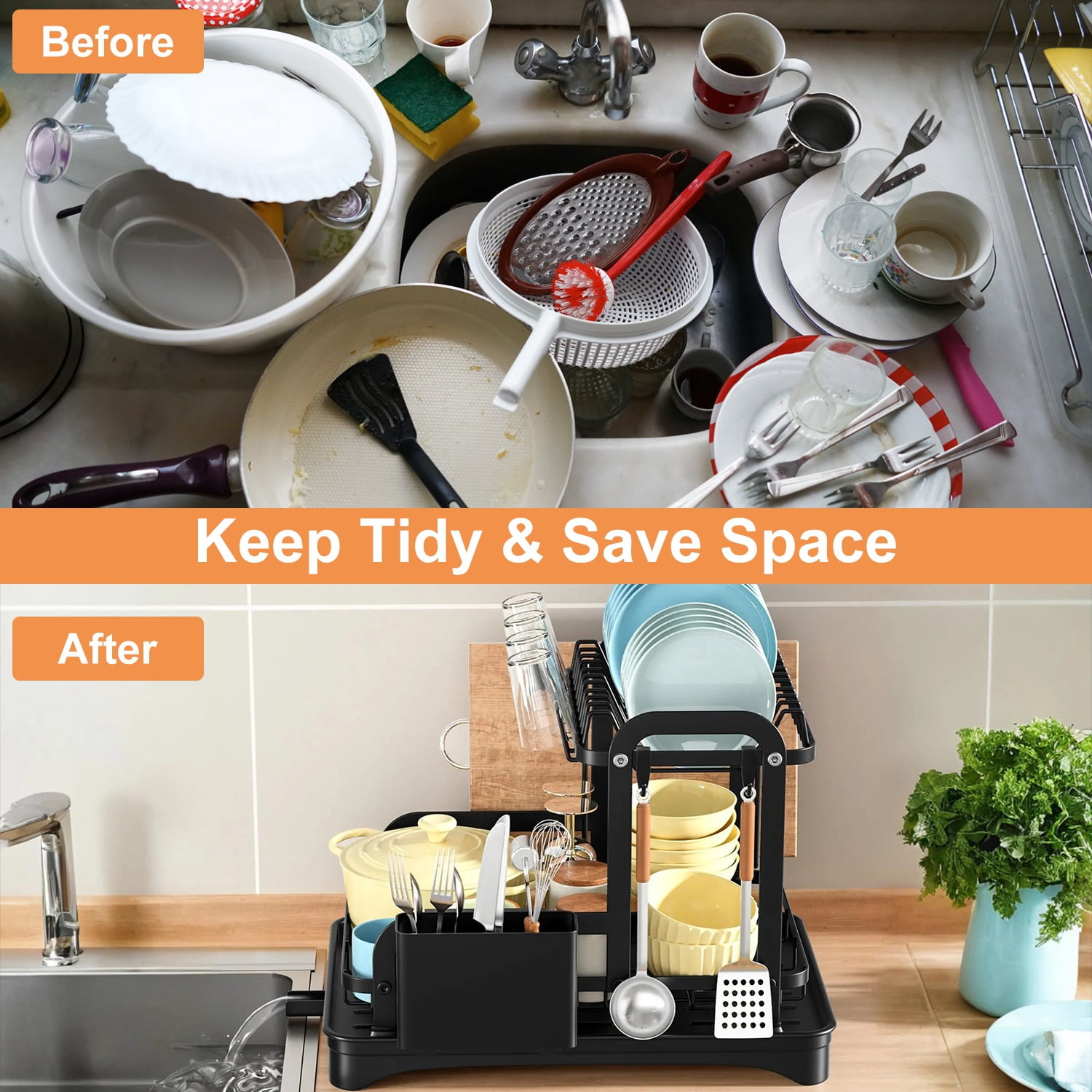 2-Tier Dish Drying Rack for Kitchen Counter TeqHome Rustproof Detachable Kitchen Drainer Organizer Set with Utensil Holder