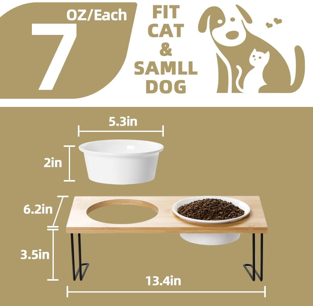Pet Daily Kit Ceramic bowls elevated for Pets, Solid bamboo Water stand feeder