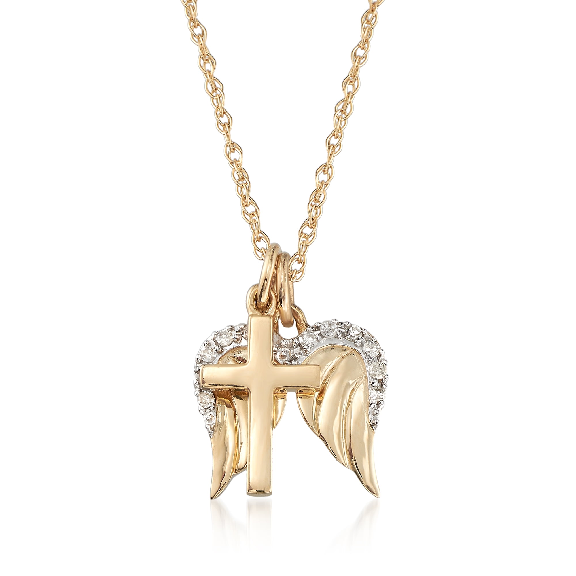 RossSimons RossSimons 14kt Yellow Gold Cross and Angel Wings Pendant Necklace With Diamond