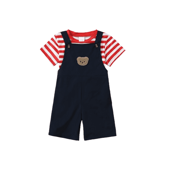 PureChapter Boys' Outfit Striped Short Sleeve T-Shirt with Bear Patch Overall Shorts, Summer 2Pcs Cute Set for 6 Months to 3 Years Old