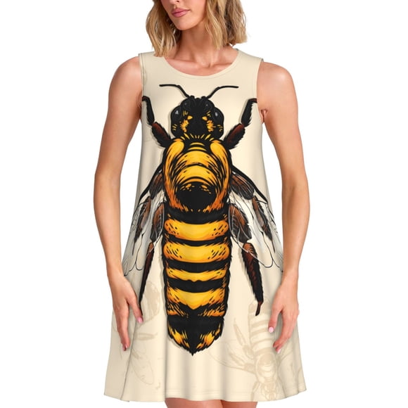 Bixox Honey Bee Print Women's Sleeveless A-Line Dress with Pockets, Casual Knee-Length Tank Dress for Summer-Medium