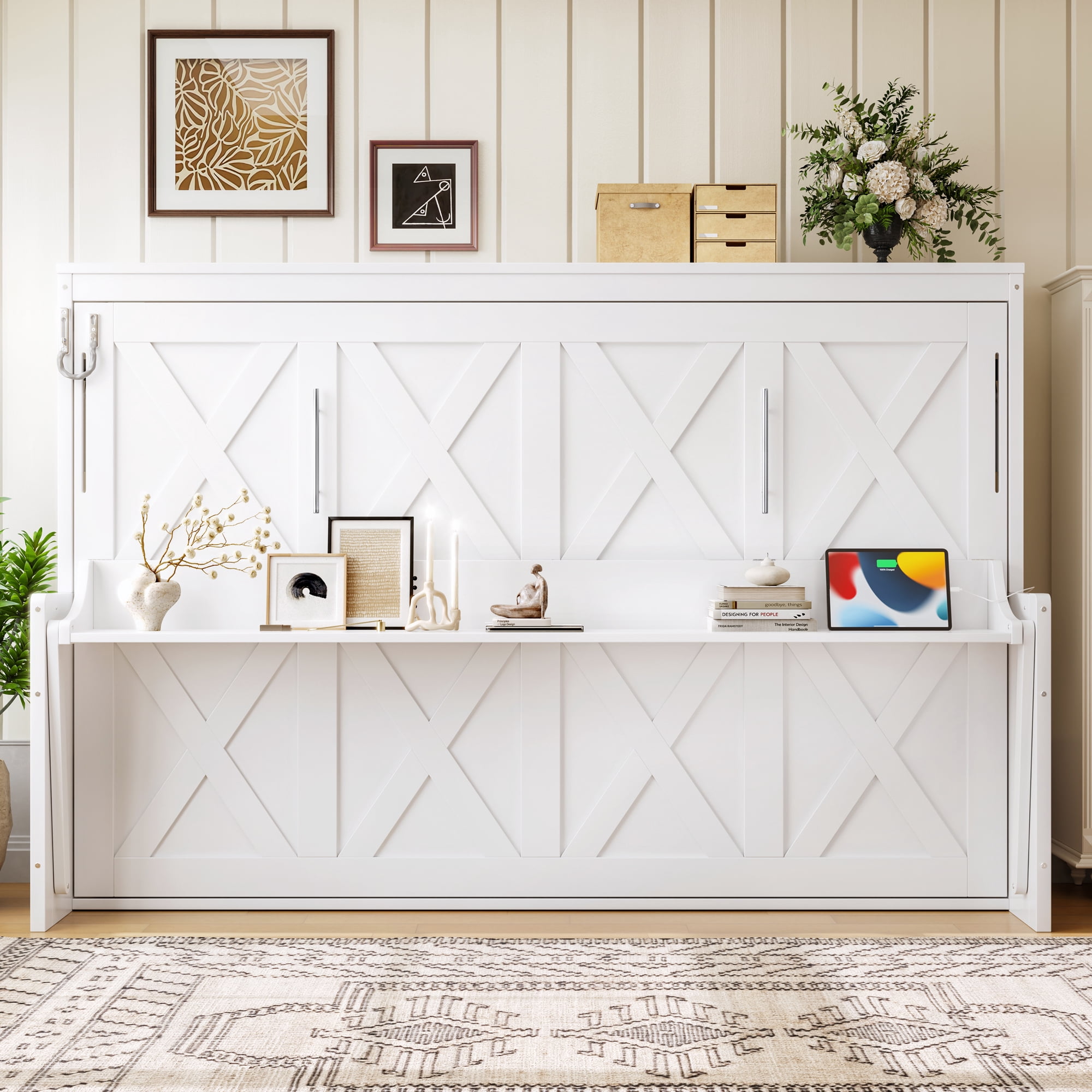 Mintazer Full Murphy Bed with Desk & Pegboard Storage, Farmhouse Foldable Bed with Charging Station & LED Lighting for Bedroom Guest Room, White