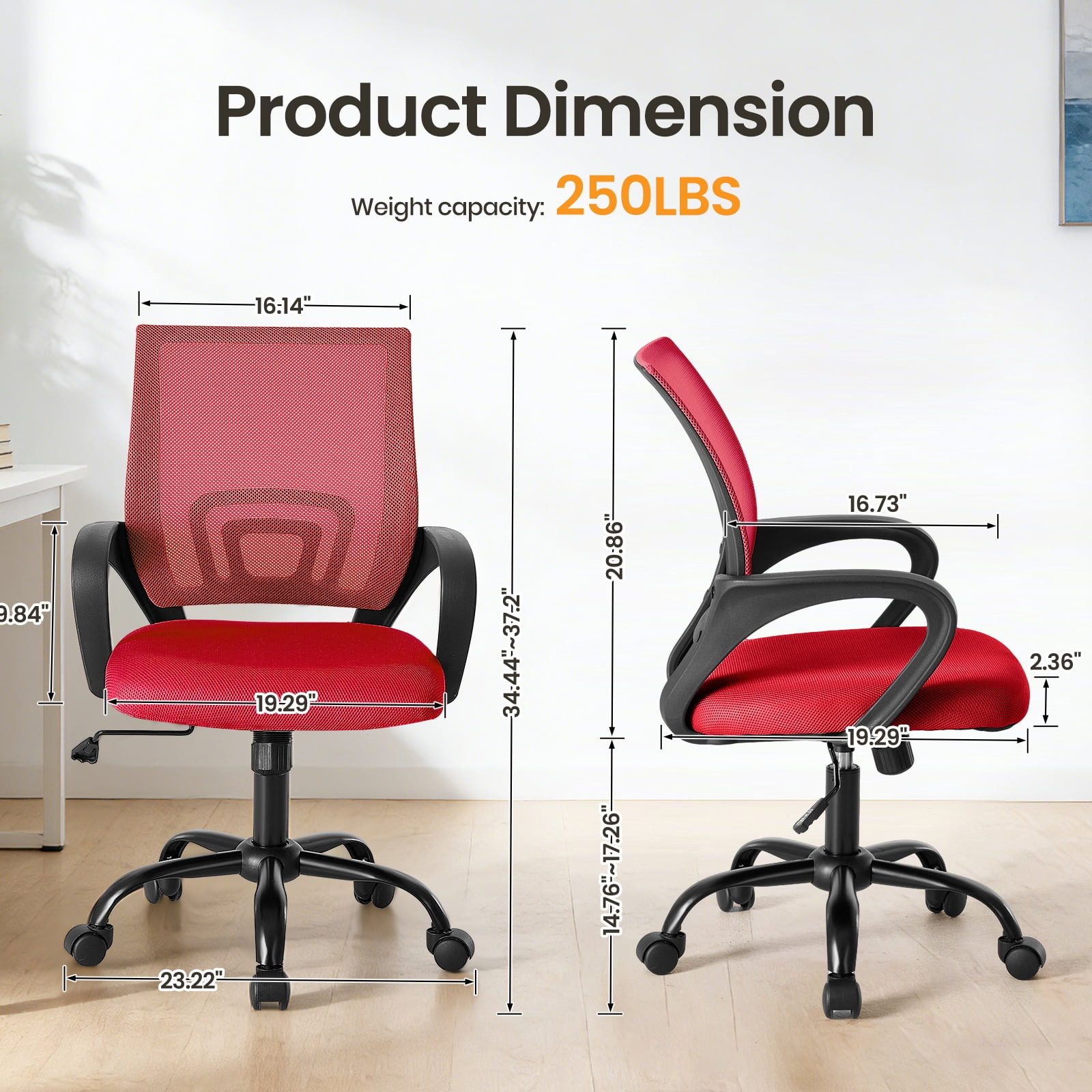 Gianna Ergonomic Office Chair, Mid-Back with Lumbar Support, Rocking and 360° Swivel for Home, Gaming, or Office
