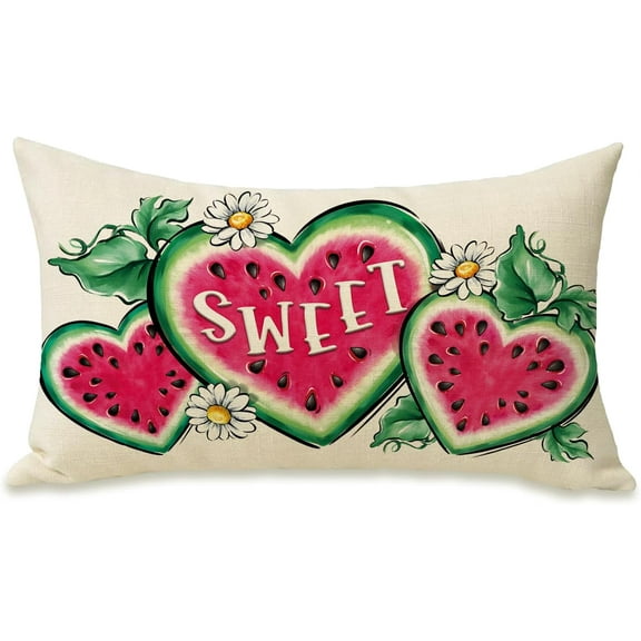 Sweet Summer Watermelon Lumbar Decorative Rectangle Pillow Cover 12 x 20, Pink Love Heart Melon Fruit Porch Patio Outdoor Pillowcase, Daisy Flower Seasonal Sofa Couch Cushion Case Home Decor