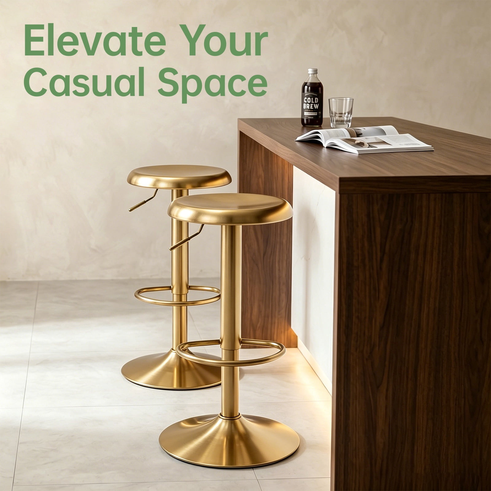 Gold Bar Stools Set of 2, 360° Swivel Round Adjustable Counter Height Bar Stools, Industrial Backless Metal Bar Chairs for Kitchen Island with Footrest
