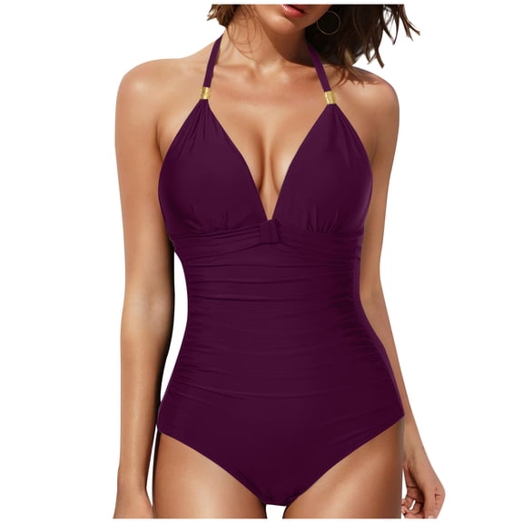 Yyuenw Women's Halter One-Piece Swimsuit, V-Neck with Gold Accent, Ruched Solid Color Bathing Suit