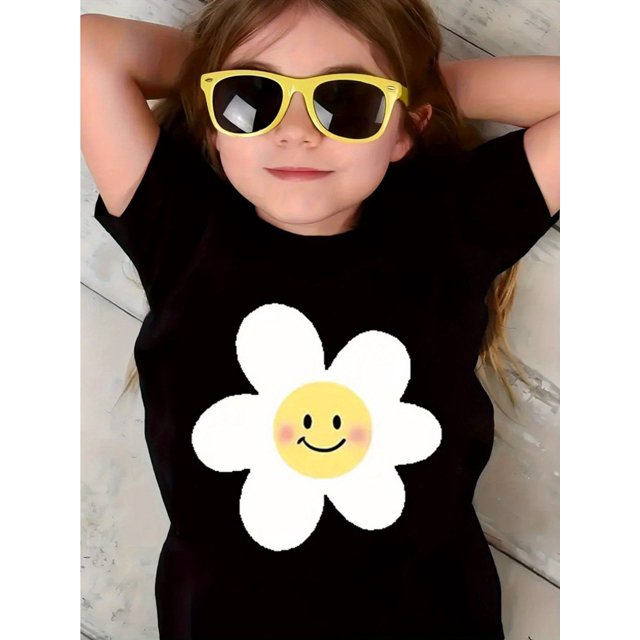 Camiseta con estampado floral elegante para niñas: diseño de margaritas vibrantes con cara alegre, manga corta, cuello redondo, algodón ligero, perfecta para primavera/verano.