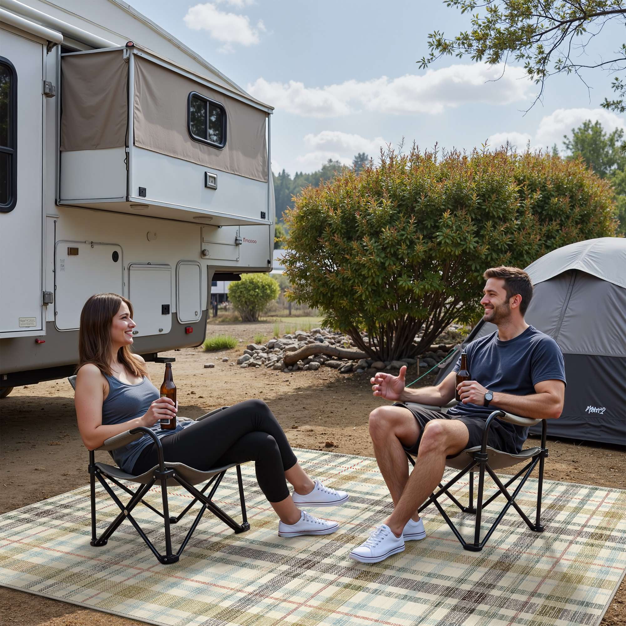 DEORAB Outdoor Rugs 5'X7' Chenille Patio Rug Three-Layer Material Imitation Silicone Spot Molding Camping Outside Rv Mat,Brown & Beige
