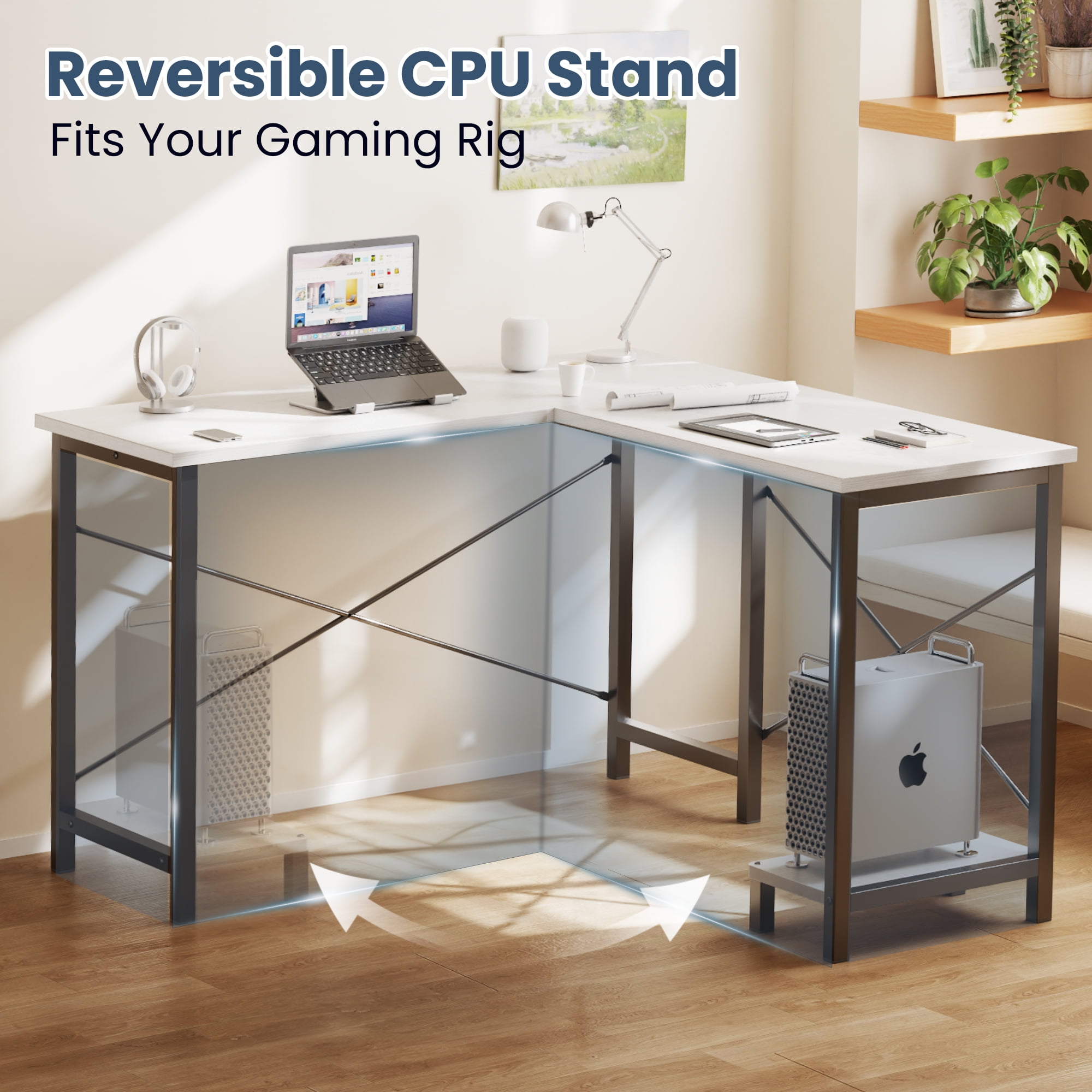 JIOABL 50" L-Shaped Corner Gaming Desk with Reversible CPU Stand, Waterproof Desktop & Metal Frame, White