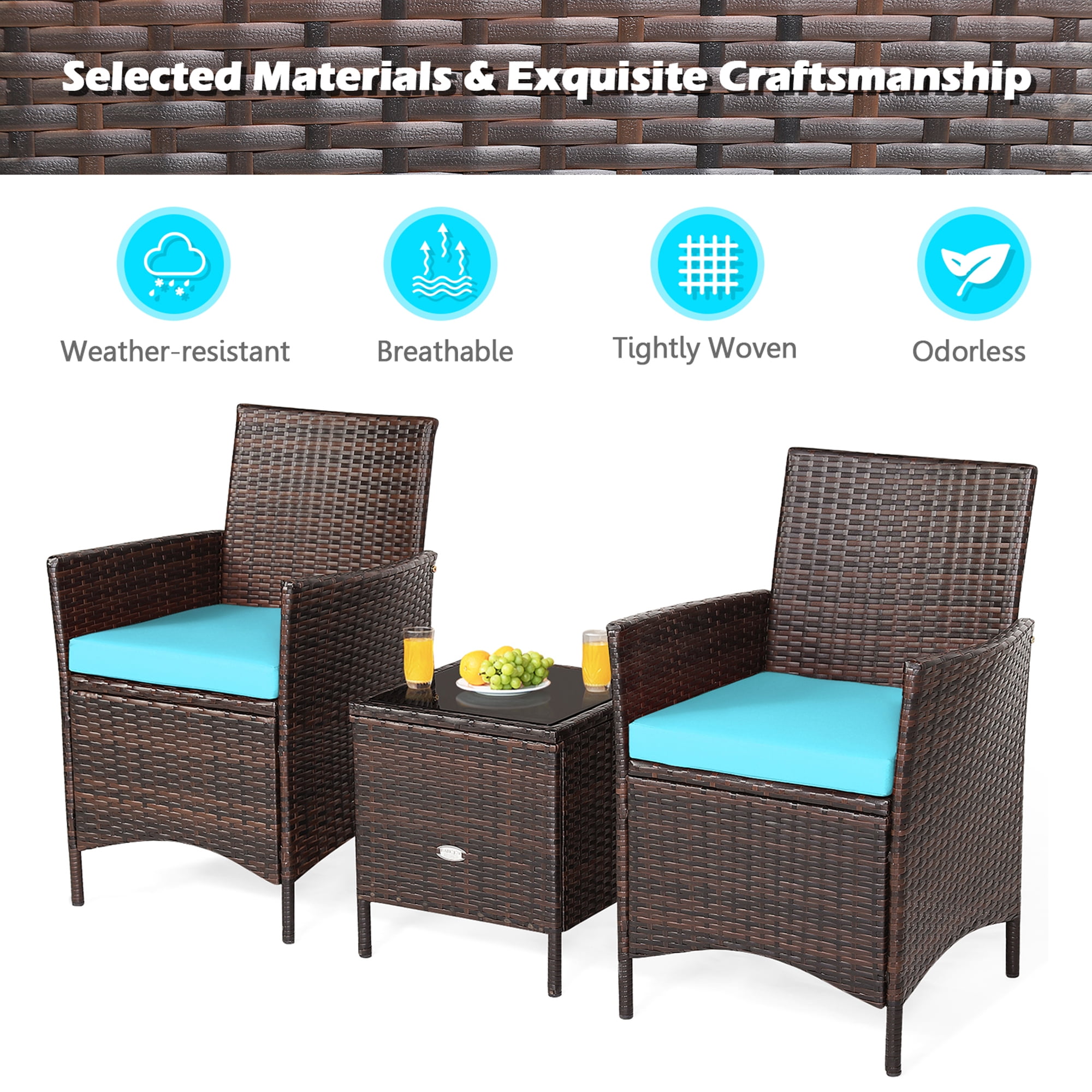 Gymax 3PCS Outdoor Rattan Conversation Set Patio Furniture Set w/ Blue Cushions