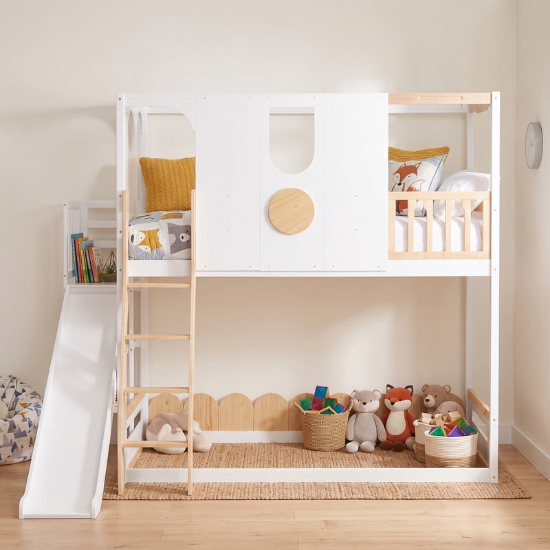 Twin Size Versatile Kids Loft/Bunk Bed with Floor Bed, House Bed Frame with Slide, Storage Shelves and Guardrails