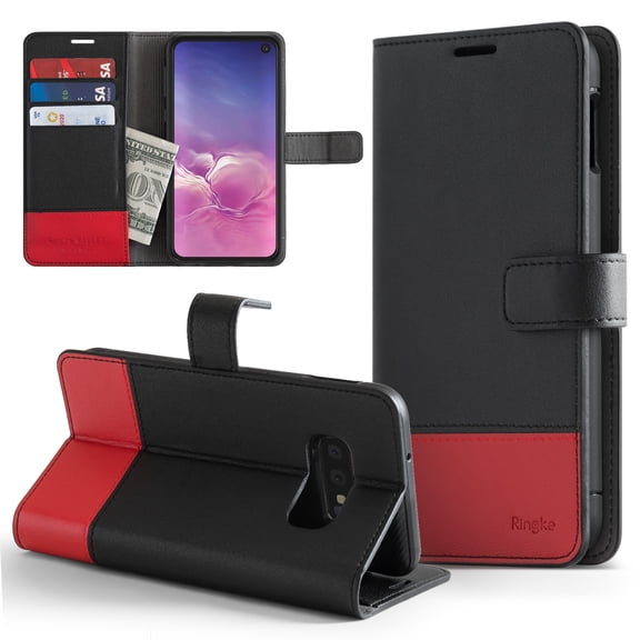 Galaxy S10e Case, Ringke [Wallet] Premium Leather with Magnet Durable Flip Kickstand - Black & Red