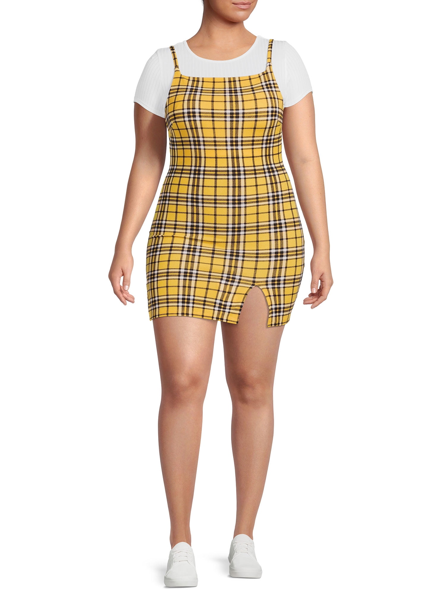 Plus Size Yellow Check Pinafore Dress Women Plus Size Pink Yellow