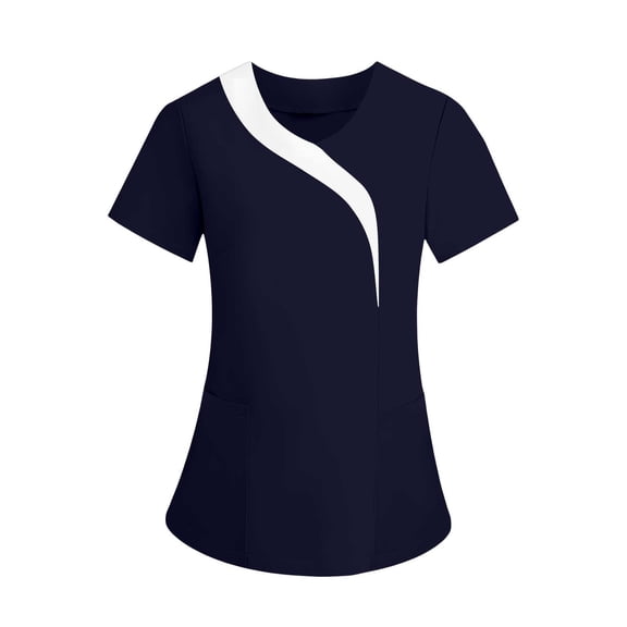 Mittory Women's Scrub Tops, V-Neck with Contrast Color Paneling and Trim, Rounded Corners, Snap Front