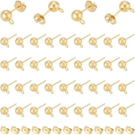 About 30pcs Golden Ball Post Stud Earrings with Ear Nuts Stainless Steel Stud Earring Ear Stud with Loop Earring Findings Earring Component