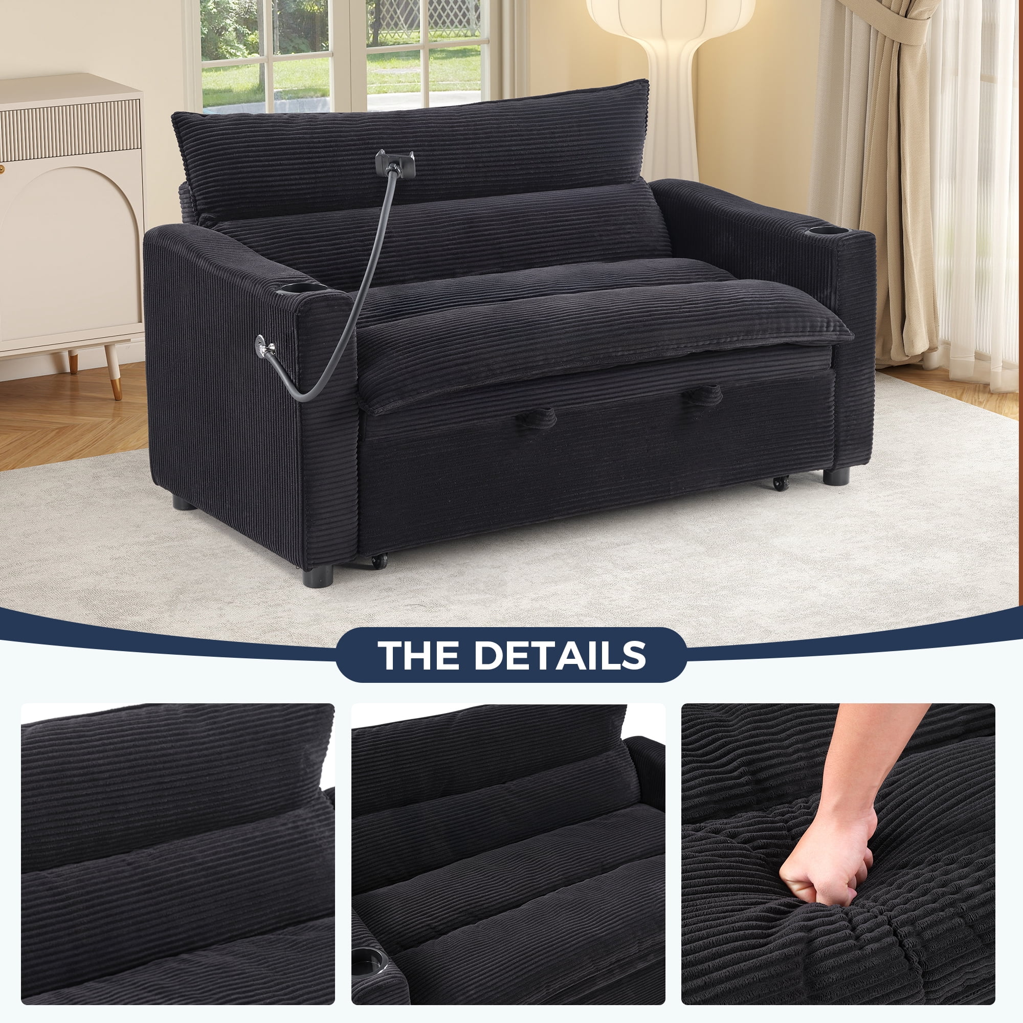 Ebello 3-in-1 Sleeper Sofa Bed, Corduroy Convertible Pullout Futon Couch with Adjustable Backrest, Phone Holders & USB Ports for Apartment, Small Space, 2-Seat(Black)