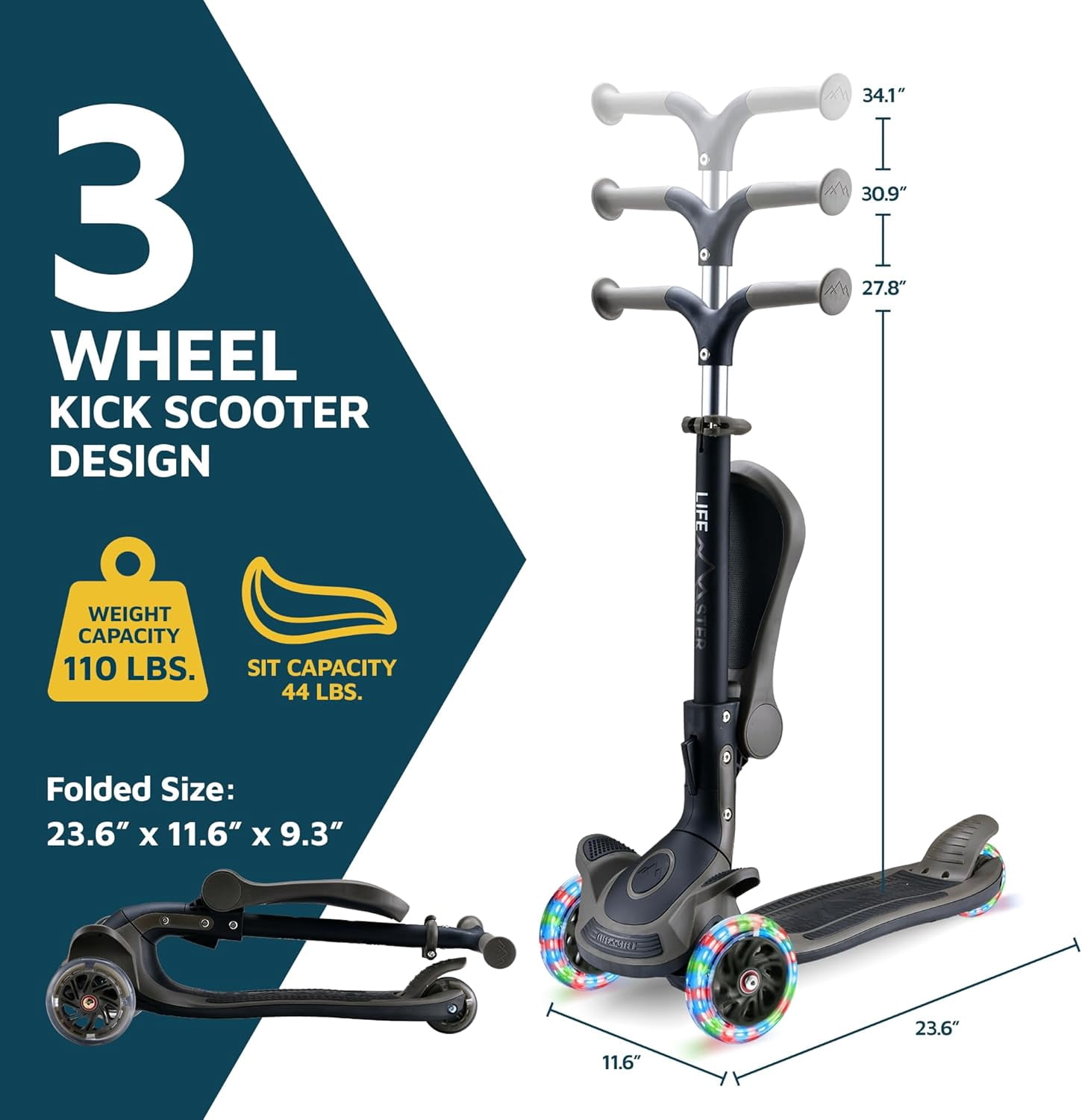 Lifemaster 3 Wheel Kids Scooter with Foldable Seat, Adjustable Handlebar, Lean-to-Steer LED Light-Up Wheels, Wide Anti-Slip Deck for Ages 2+