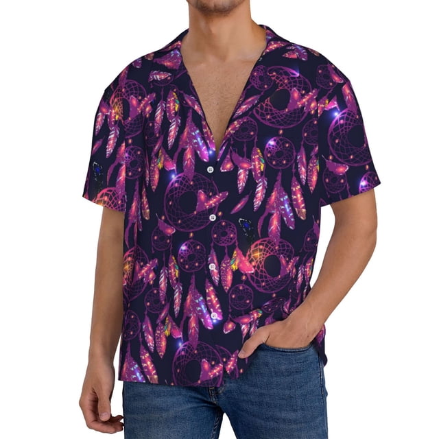 Balery Purple Dreamcatcher Camisa Casual de Manga Corta con Botones para Hombre, Texturizada, Estilo Cubano, para Playa, Verano-Small