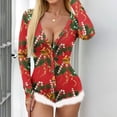thumbnail image 4 of Onesie Pajamas Women's Christmas Sexy V Neck Bodysuit Retro Snowflake Print Faux Feather Trim Long Sleeve Jumpsuit Loungewear, 4 of 7
