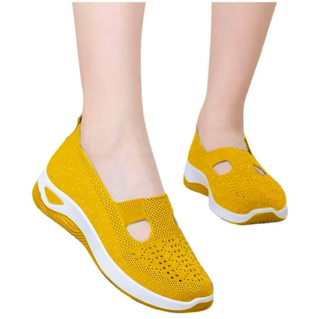 Ballet Flats for Women Round Toe Mary Jane Shoes Comfortable Dressy Women Flats Adjustable Straps Washable Knit Slip On Shoes Yellow 4.5