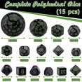 thumbnail image 2 of GFDYREE 15 Pcs Complete Polyhedral Dice Set D3-D100 Game Dice with a Leather Drawstring Storage Bag for Role Playing Table Games(Black & Green), 2 of 7