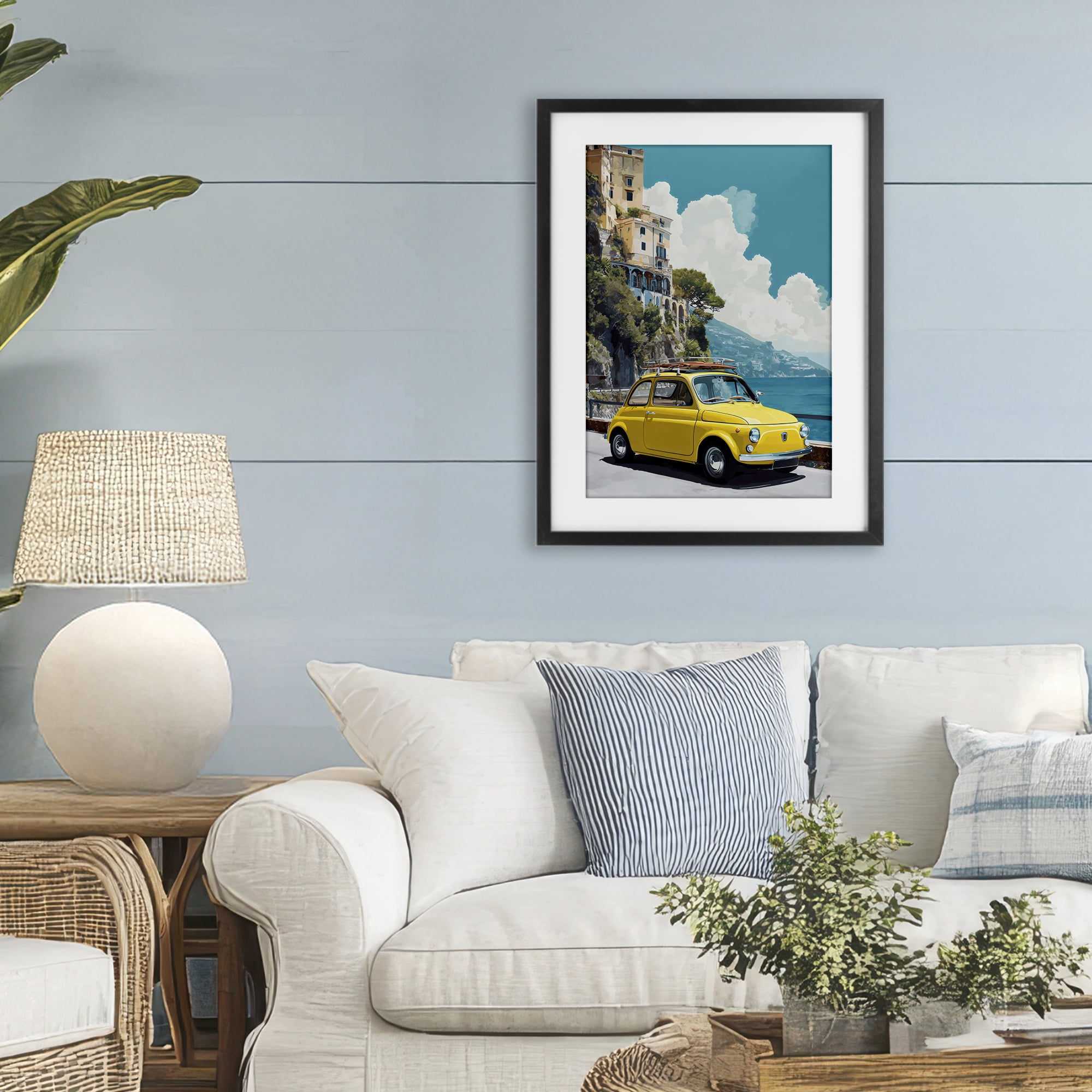 Stupell Industries Yellow Car on Coast Black Framed Print Under Glass, design by Petal Prints Design