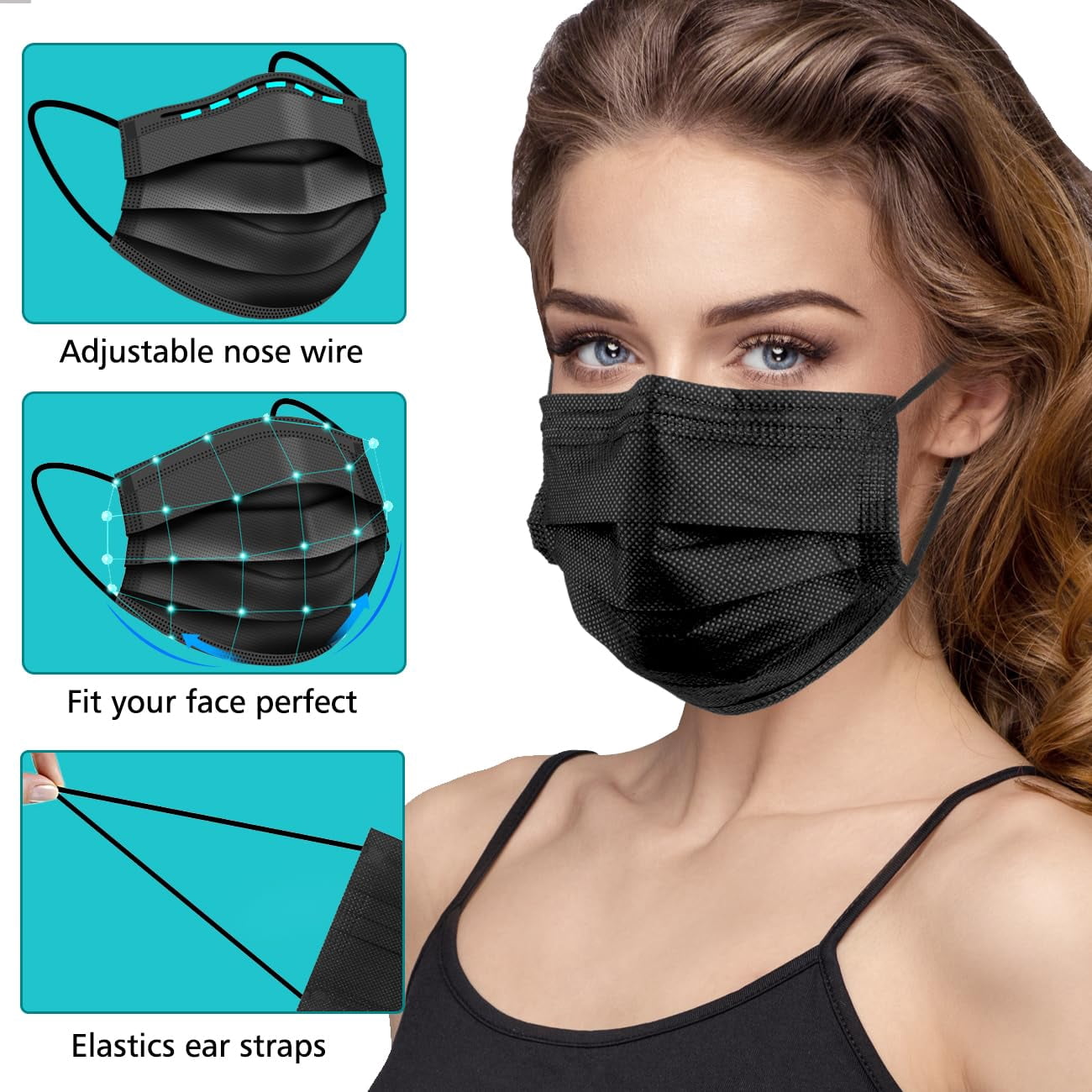 UniVerse 50PCS Disposable Face Masks, Black Masks, 3 Layer Protection Black Disposable Face Masks