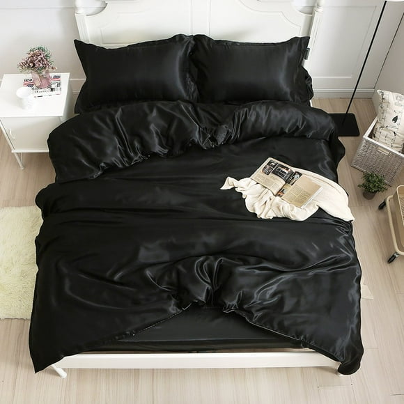 Full Satin Silk Duvet Cover Sets Soft Luxury Silky 4 Piece Comforter Cover All Season Shiny Vibrant Bedding Set White M
