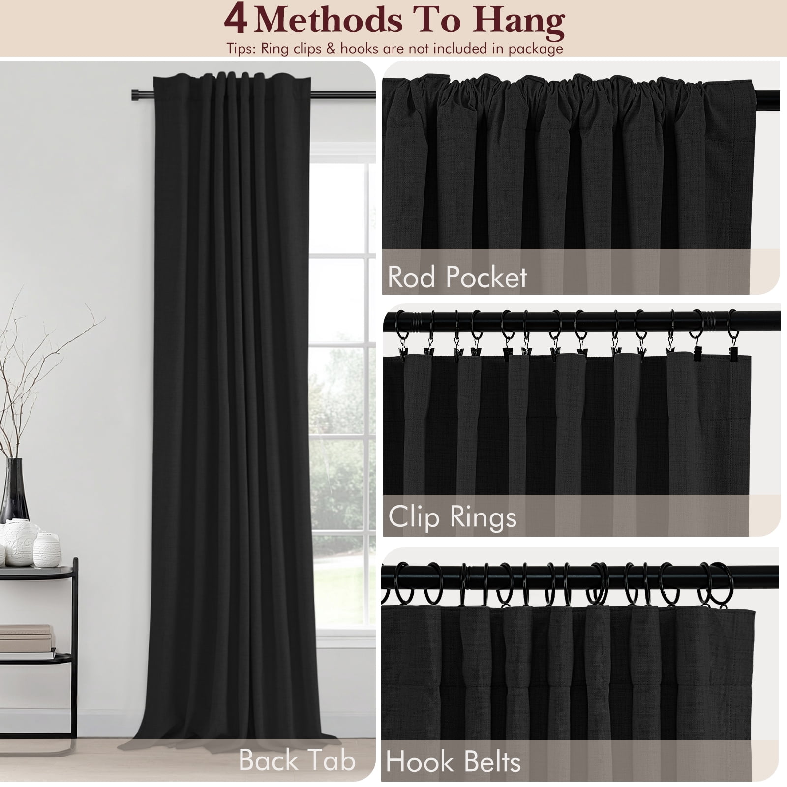 100% Blackout Curtains,50"Wx108"L Faux Linen Textured Back Tab/Rod Pocket Curtain,2 Panels Set,Thermal Insulated Curtains for Livingroom,Black