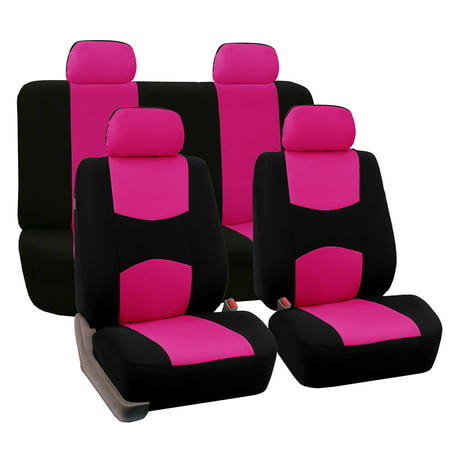FH Group Universal Flat Cloth Fabric Full Set Car Seat Cover, Pink and