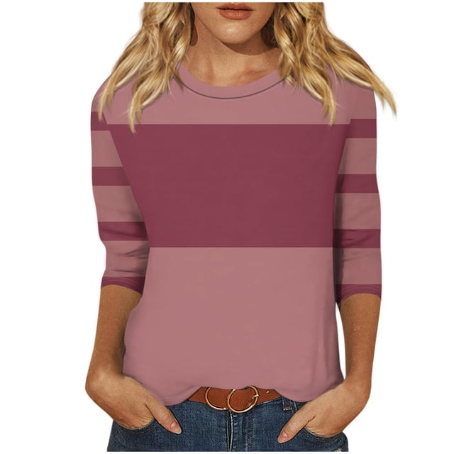 cfhntfmh Hauts pour Femmes 2024 Automne Tendance à Blocs de Couleur Blouses à Col Rond Décontractées Manches 3/4 Tuniques Amples