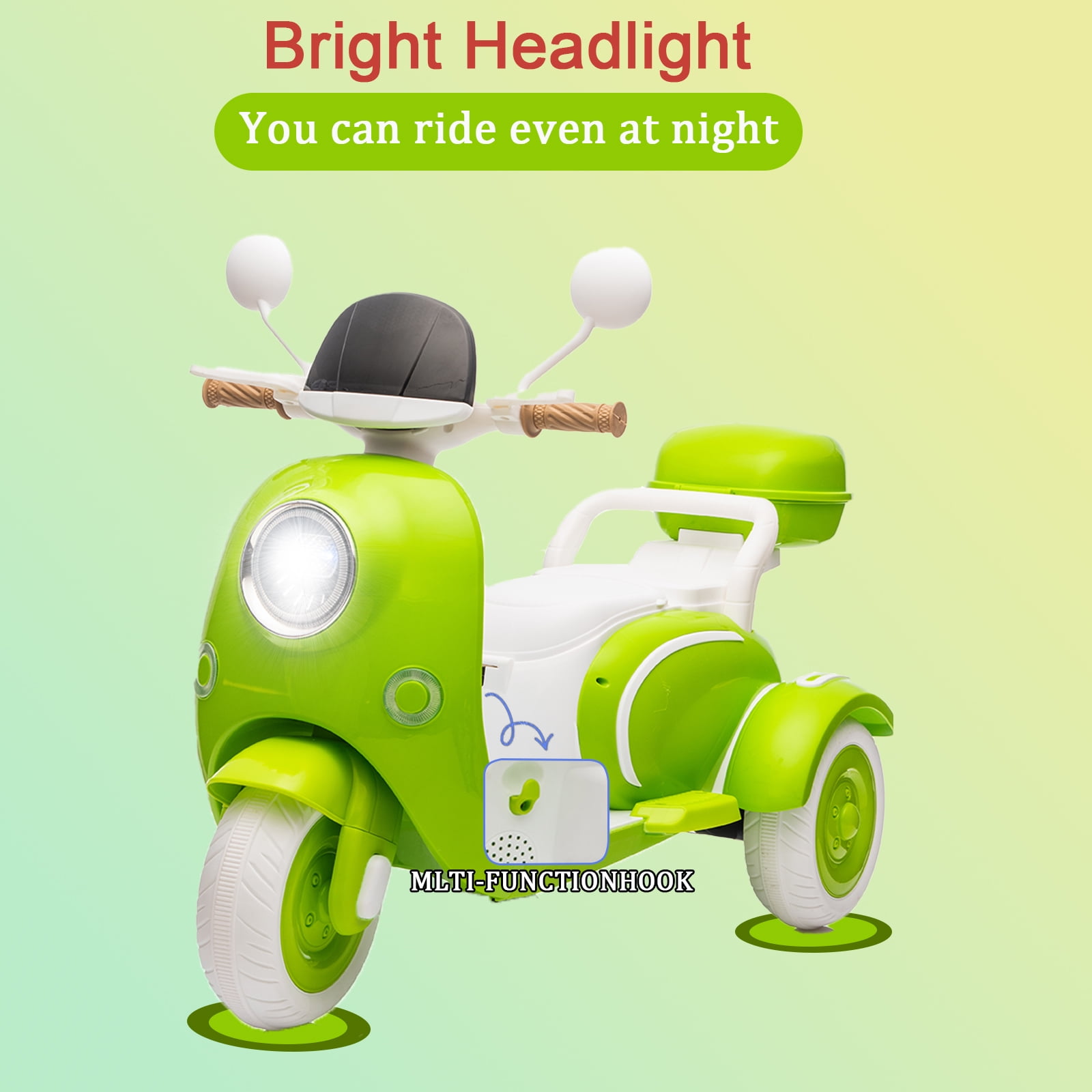 FINITO 12V 2 Seater Kids Electric Motorcycle, 3 Wheel 2WD Electric Bike with Storage Box, Bluetooth Music, LED Light, Green