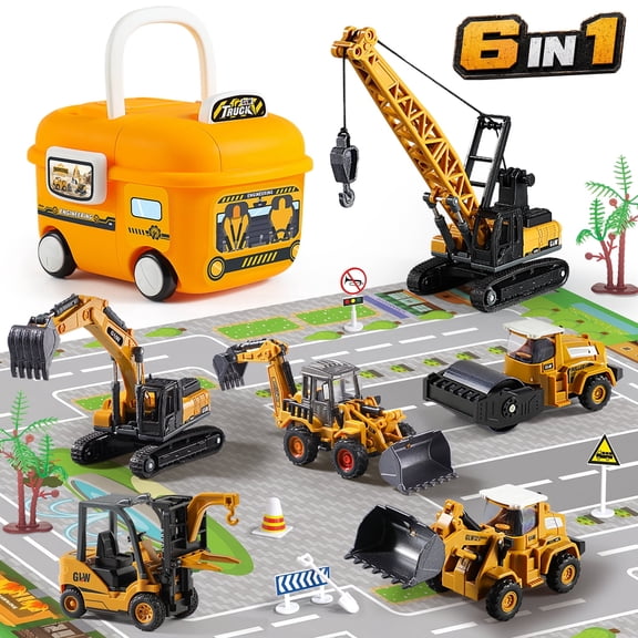 Flooyes 6-in-1 Construction Trucks Storage Set, Transport Vehicle with Crane, Mixer, Pushdozer, Birthday Gift for Kids Boys 3 4 5 6 7 8