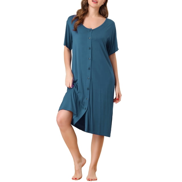 INSPIRE CHIC Women's Nightgown Button Down Soft Modal Short Sleeve Pajama Sleepshirts S Blue