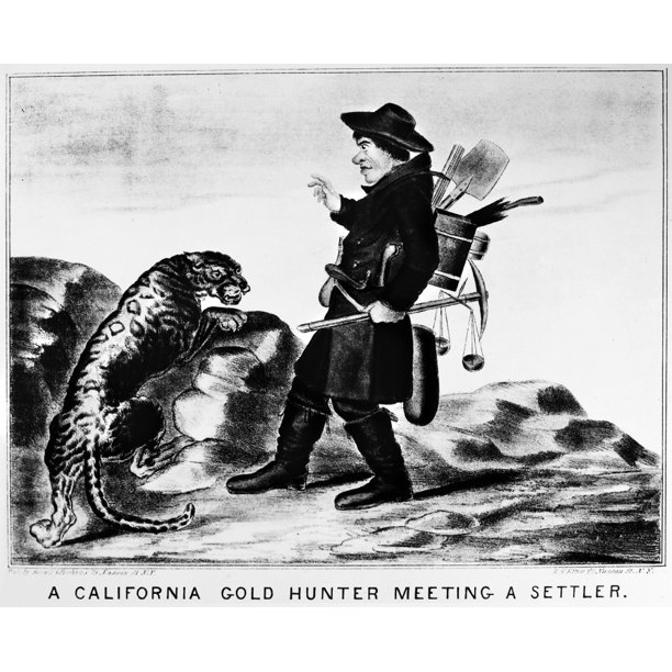 Gold Rush Cartoon. N'A California Gold Hunter Meeting A Settler