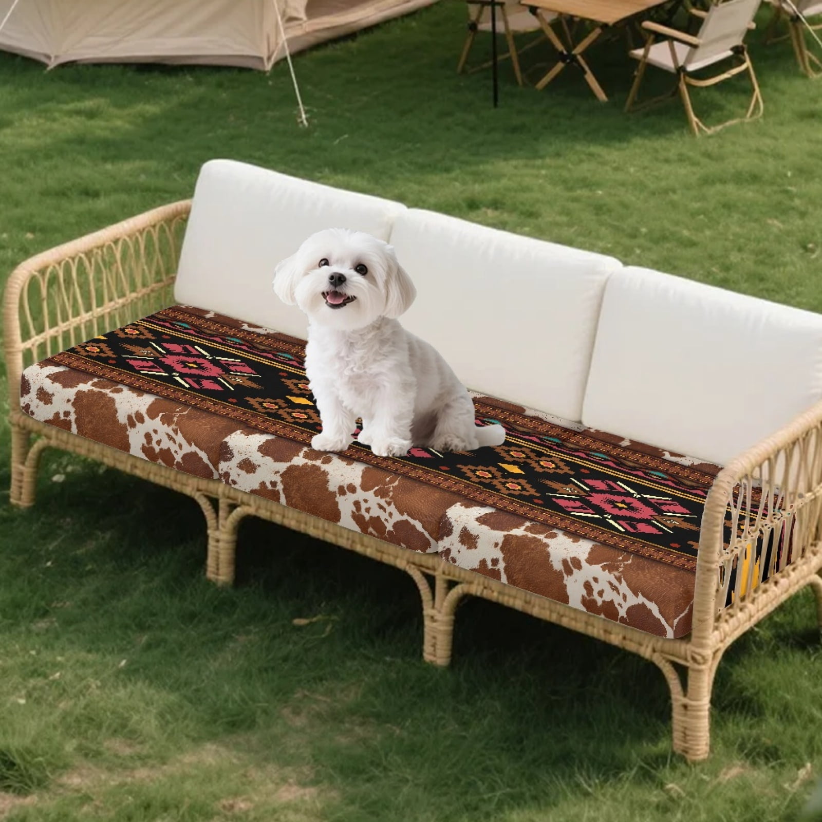 COEQINE Couch Cover Stretch Elastic Spandex Fabric Sofa Seat Cover Sets Seat Cushion Slipcover Pet Friendly Dog Couch Cushion Slipcover for Pets, Kids, 3 Pieces, American Tribal Brown Cow Print