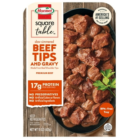 HORMEL SQUARE TABLE Slow Simmered Beef Tips and Gravy, Beef Shoulder Cuts,  Refrigerated, 15 oz Plastic Microwaveable Tray
