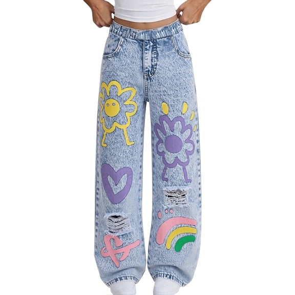 EnJoCho Girls Baggy Ripped Jeans Artistic Graphic Streetwear Trousers Cute Aesthetic Print Denim Pants Y2๐ Wide Leg Boyfriend Jeans Girls Barrel Leg Jeans for Teens
