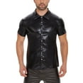 thumbnail image 2 of Tops for Men under $5 Short Sleeved Lapel Button Down Leather Jacket Shirts Solid Color Casual T-shirt Black XXXXL, 2 of 5