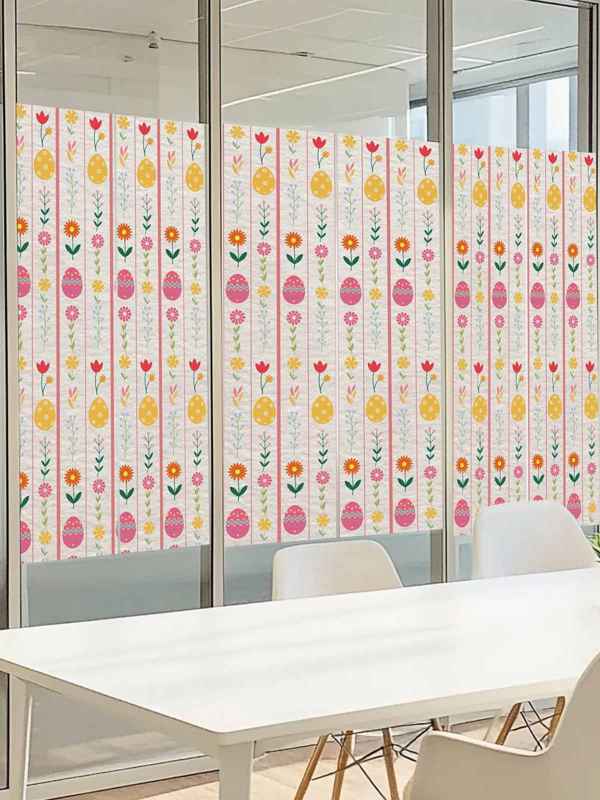 Easter Window Privacy Film, Spring Floral Eggs Leaf Pink Stripes Linen Texture Frosted Glass Window Clings Static Cling UV Heat Blocking Reusable Door Sticker for Bathroom 23.6 x 59 Inch
