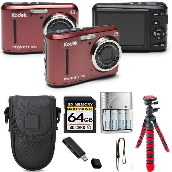 Kodak PIXPRO FZ43 Digital Camera (Red) Tripod Case - 64GB Kit